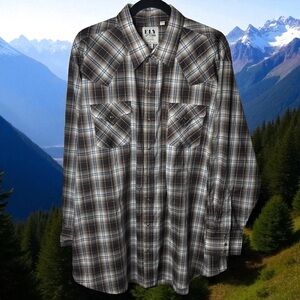 Ely Cattleman Brown Blue Plaid Long Sleeve Buttonup Rodeo Country Men's 2X